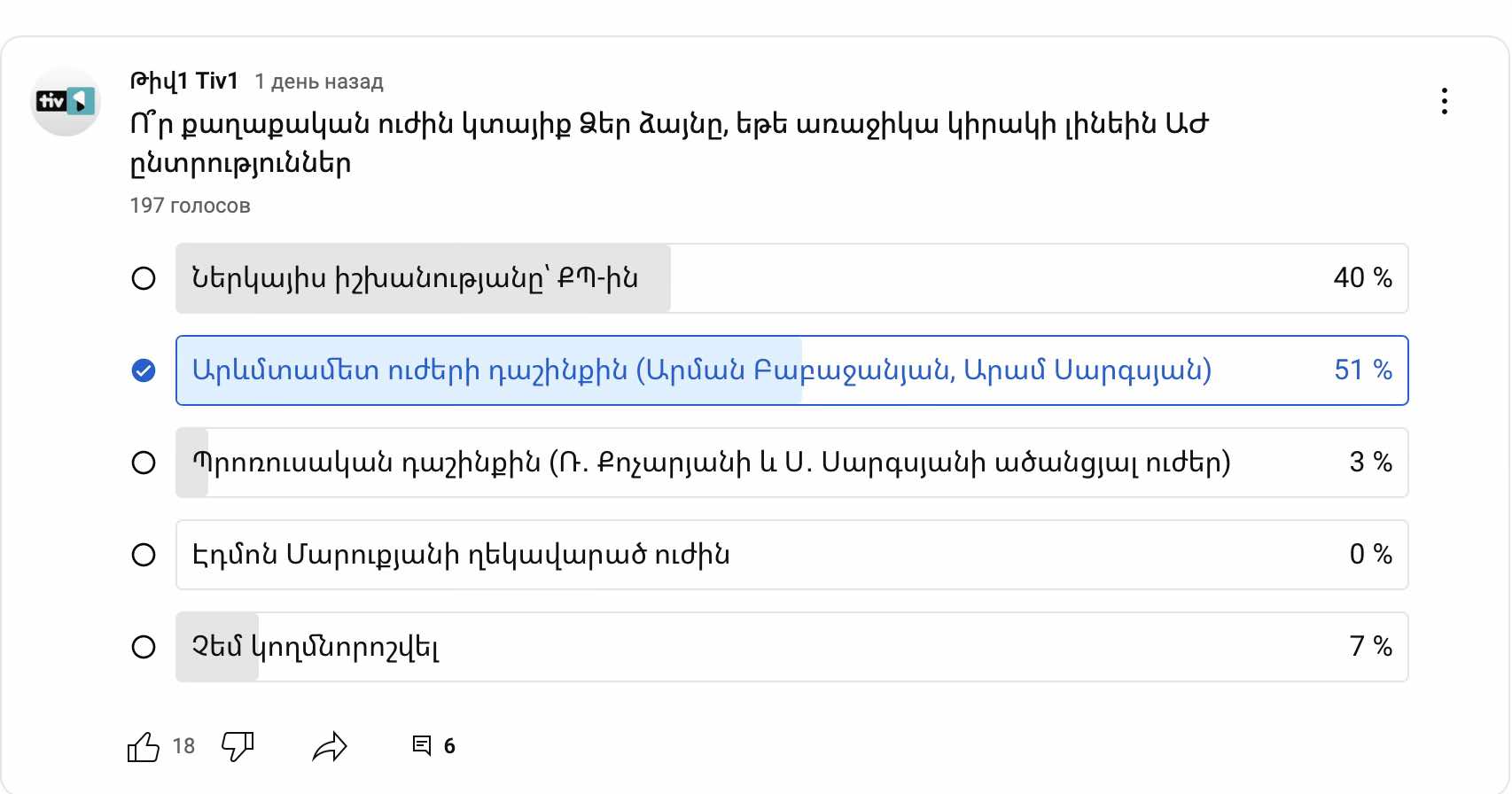 Թիվ 1 հարցում․ Ո՞ր քաղաքական ուժին կտայիք Ձեր ձայնը, եթե առաջիկա կիրակի լինեին ԱԺ ընտրություններ